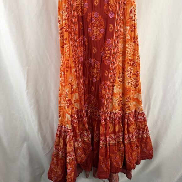 Farm Rio Anthropologie Dress Women's Medium Orange Red Floral Open Back Tie - Picture 4 of 16
